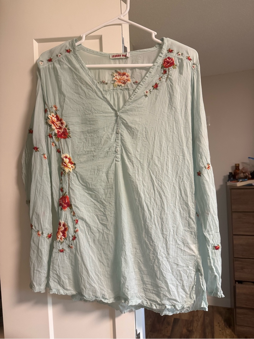 Johnny Was Mint Green Embroidered Floral Blouse